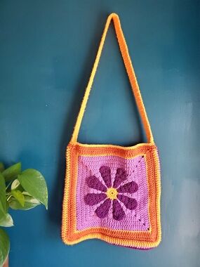 Handmade Crochet Floral Square Shoulder Bag - Purple & Orange